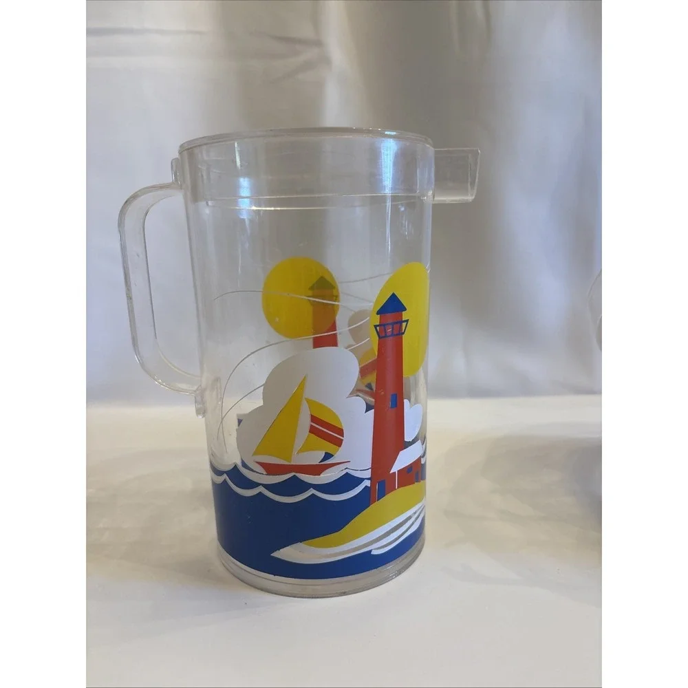 VTG 1990's Wellington‎ SailBoat & Lighthouse Acrylic Pitcher/IceBucket Tongs